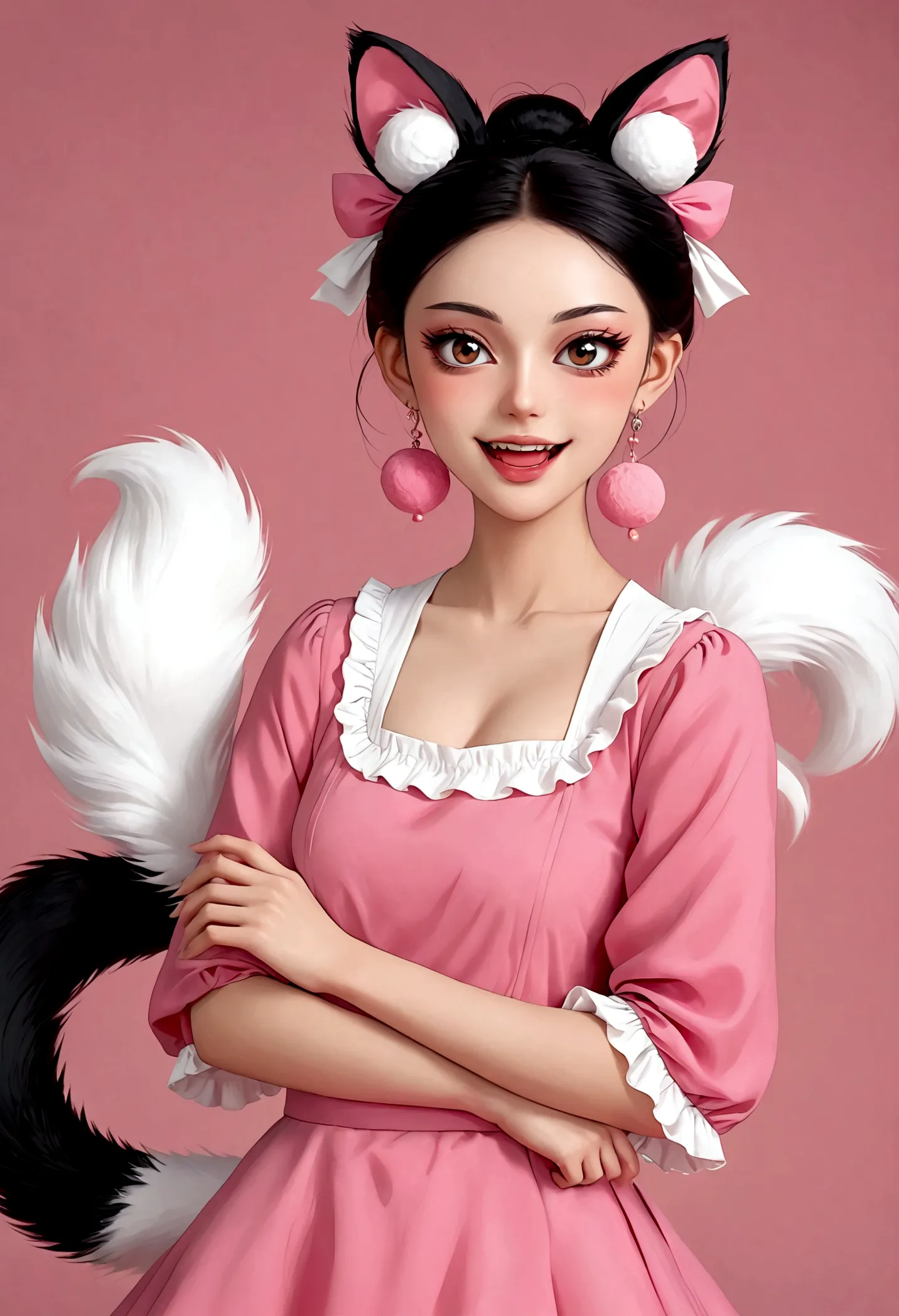 beautiful face，beautiful eyes，pink eyeshadow，laughing out loud，fangs，(((big fluffy tail)))，black high bun，forehead hair，pink pom...