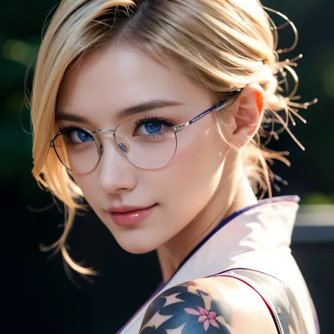 Glasses、Noble kimono、kimono、blue eyes、firework、blonde、Tattoos all over the body、Sexy Face、short hair、More than one person、((3人のw...