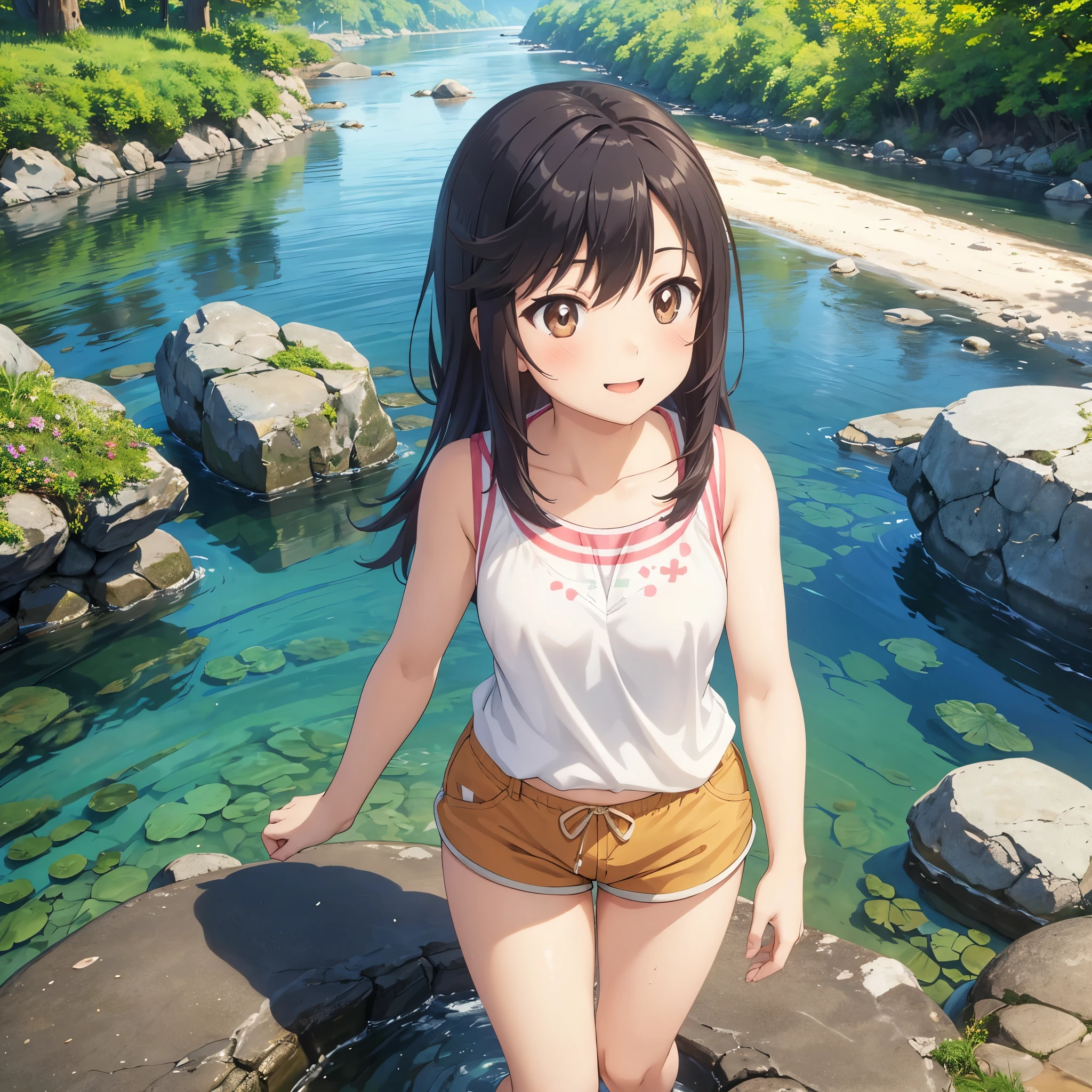 Girl playing in the river, 1girl, Ichijou Hotaru, smile, 11-year-old, barefoot, thighs, sleeveless, shorts, realistic skin texture, dynamic angle, CG, unity, 8k, wallpaper, highest quality, masterpiece, best lighting, detailed background, complex pupils, complex textile, Japanese countryside