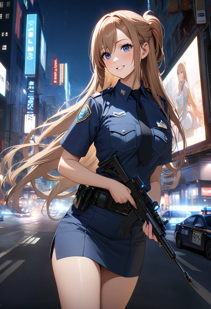 Highest quality、masterpiece、8k、Realistic、超High resolution、Very delicate and beautiful、High resolution、Cinema Lighting、medium range shooting、Full body image、Perfect female body、Beautiful woman、Mature Woman、Cityscape、(((Yuuki Asuna)))、(Princess Half Up Long Hair:1.8)、((Female police officer:1.4、Navy blue female police officer、Female police officer&#39;s cap、Uniform Buttons、Navy blue tie、Uniform jacket))、Police Vehicles、Baton、handcuffs、wireless、Highest、Leather shoes、Name tag、uniform patch、Bulletproof Highest、Police Badge、pantyhose、Pencil Skirt、Stiletto heel pumps、Police Badge、Epaulettes、(((White gloves)))、Police Station Reception