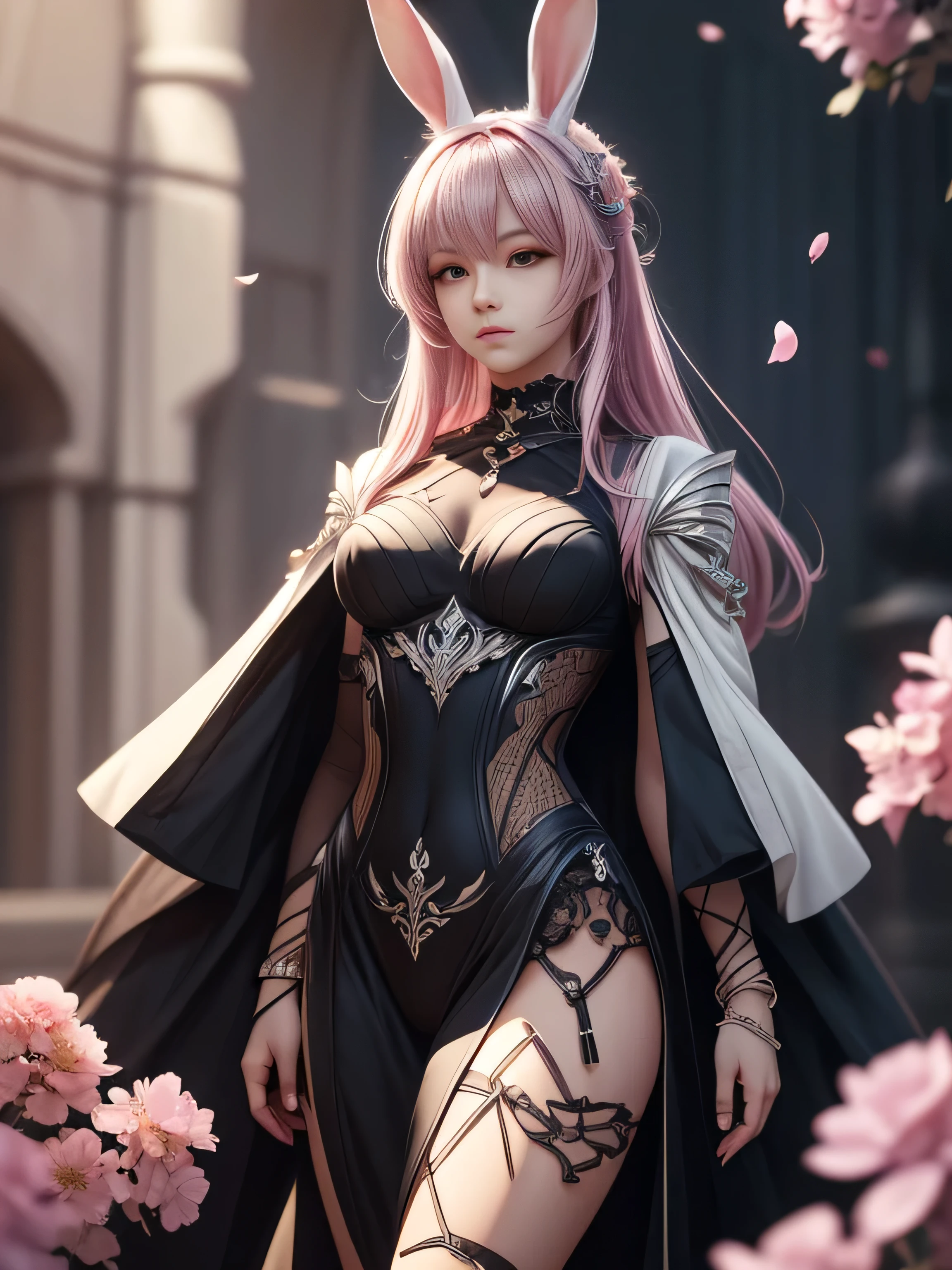 (Best Quality, 8K, Masterpiece, HDR, Soft Lighting, Picture Perfect, Realistic, Vivid), Bunny Girl (1.0), Bunny Girl with Pink Hair and Sexy Skimpy Clothes, pink bodysuit with glitter texture, Beautiful anime fantasy, Very beautiful and cute bunny girl, rain of pink flower petals, background blur, anime fantasy, work in Gouves style, realistic: 1.37, top view, lying in pink flowers, horizontal view, (Ultra High Quality Fantasy Art), Masterpiece, Female Model, Ultra High Quality Female Character Designs, Detailed 8k Anime Art, Realistic Anime Art, Highest Quality Wallpapers, Intricate Ultra High Quality Accurate Female Characters Faces, High Quality Designs and Accurate Physics (Fantasy- ultra-high quality art), dark fantasy style), masterpieces, super high quality characters, anime resolution - 8K, realistic anime art, wallpapers with the highest quality illustrations, ultra-high facial detail, high-quality design and accurate physics), color, depth of field, shadows, ray tracing, high quality workmanship. -high-quality and 8K resolution, (Accurate simulation of the interaction of light and materials)], [High-quality hair detail [More about beautiful and shiny white hair]], (Beautifully detailed hands [perfect fingers [Perfect nails]]]]]], (perfect anatomy (perfect proportions)))) [[Full-length]], [Perfect combination of colors (Accurate imitation of the interaction of light and material)], [art that conveys the meaning of history]