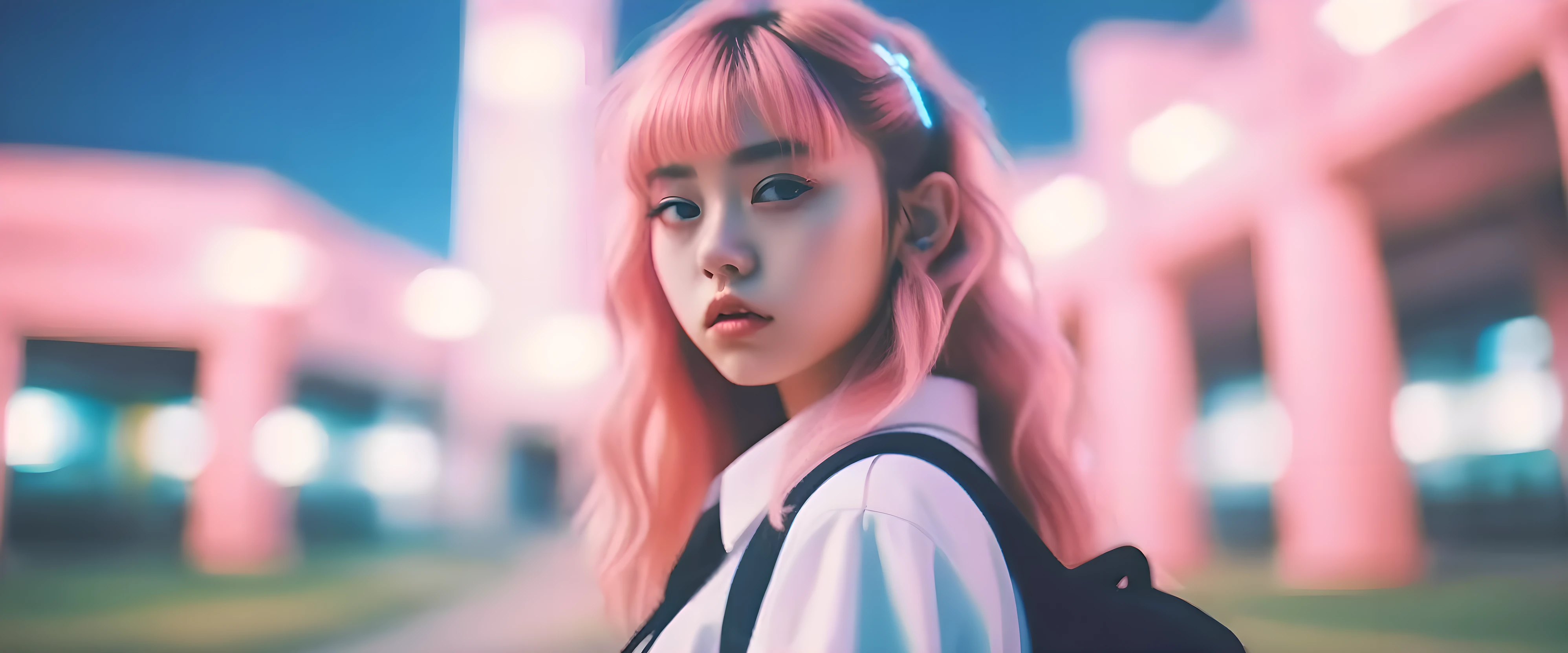 absurdres, 4k， Brandon Woelfel Style - Petra Collins、A mysterious digital core cybergothic dreamscape created by Brandon Woelfel and Liam Wong, Super sharp details, Japanese female high school students，Uniforms，unusual angle, Bokeh, Shot with Canon 5D Mark III DSLR, campus background