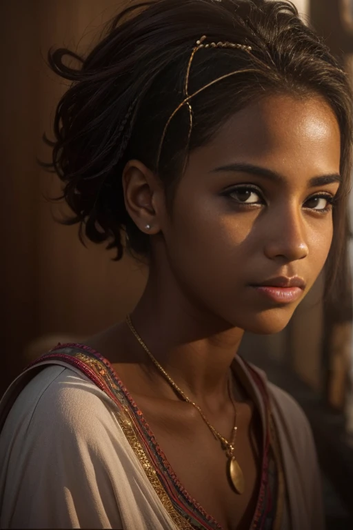 A full body of a 13-year-old Arabic woman with short red hair. Her dark brown eyes are fixed on the camera, conveying serenity and spiritual wisdom. where the soft light highlights her calm and mysterious aura. She has dark skin, which seems to exude a natural glow. Her hair is short, with a cut that highlights her confident and spiritual expression. The strands are the color of ebony, with some natural highlights that shine softly in the light. Her eyebrows are well defined and complement her expressive eyes. They seem capable of seeing beyond appearances and delving into the depths of the human spirit. Her face is serene, with soft features that suggest compassion and empathy. She has a big gentle smile that radiates calmness and confidence. Her presence is welcoming and inspiring.