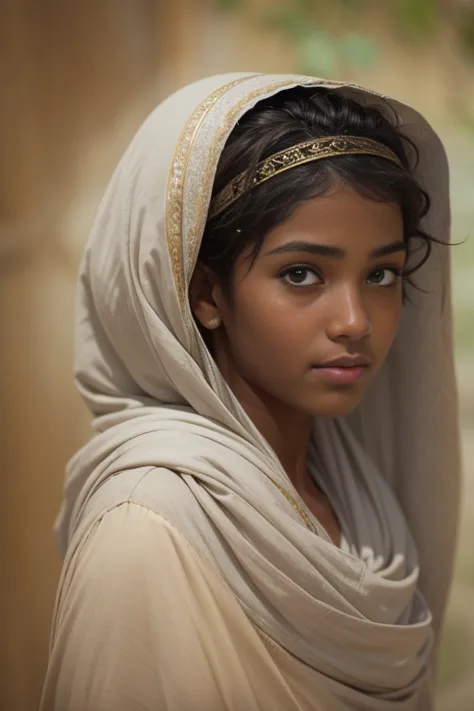 a full body of a 13-year-old arabic woman with short red hair. her dark brown eyes are fixed on the camera, conveying serenity a...