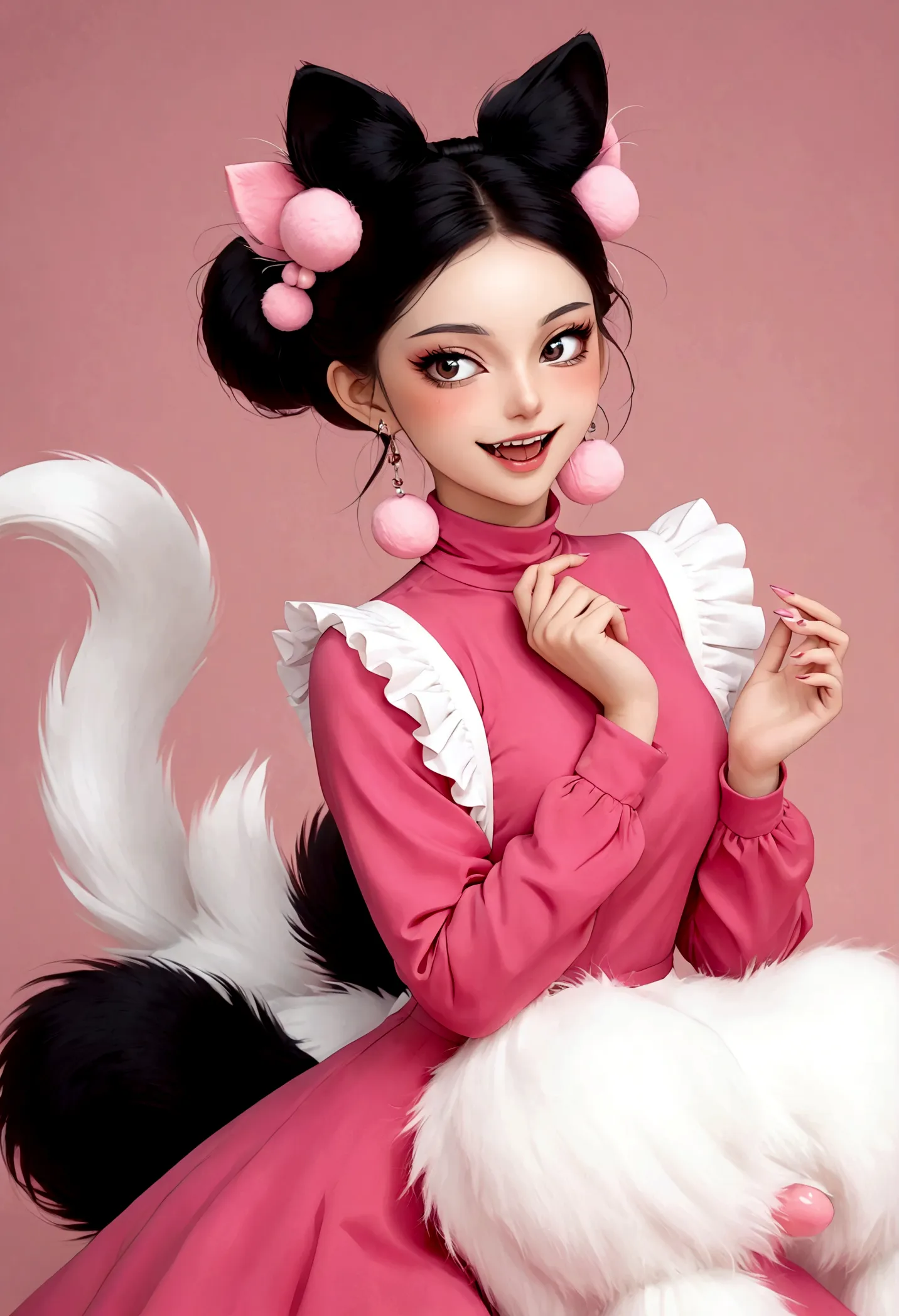 beautiful face，enchanting beautiful eyes，pink eyeshadow，laughing out loud，fangs，(((big fluffy tail：1.37)))，black fluffy high bun...