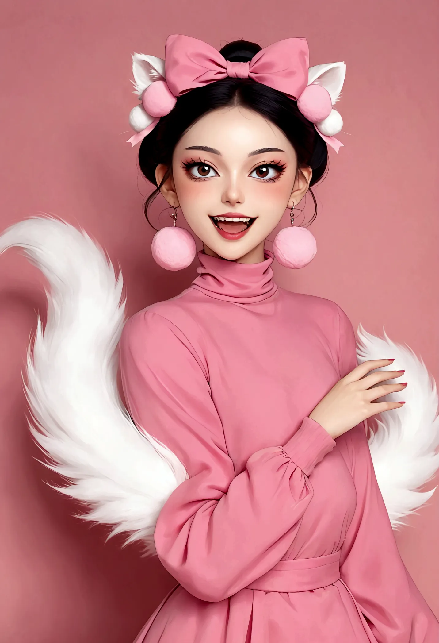 beautiful face，enchanting beautiful eyes，pink eyeshadow，laughing out loud，fangs，(((big fluffy tail：1.37)))，black fluffy high bun...