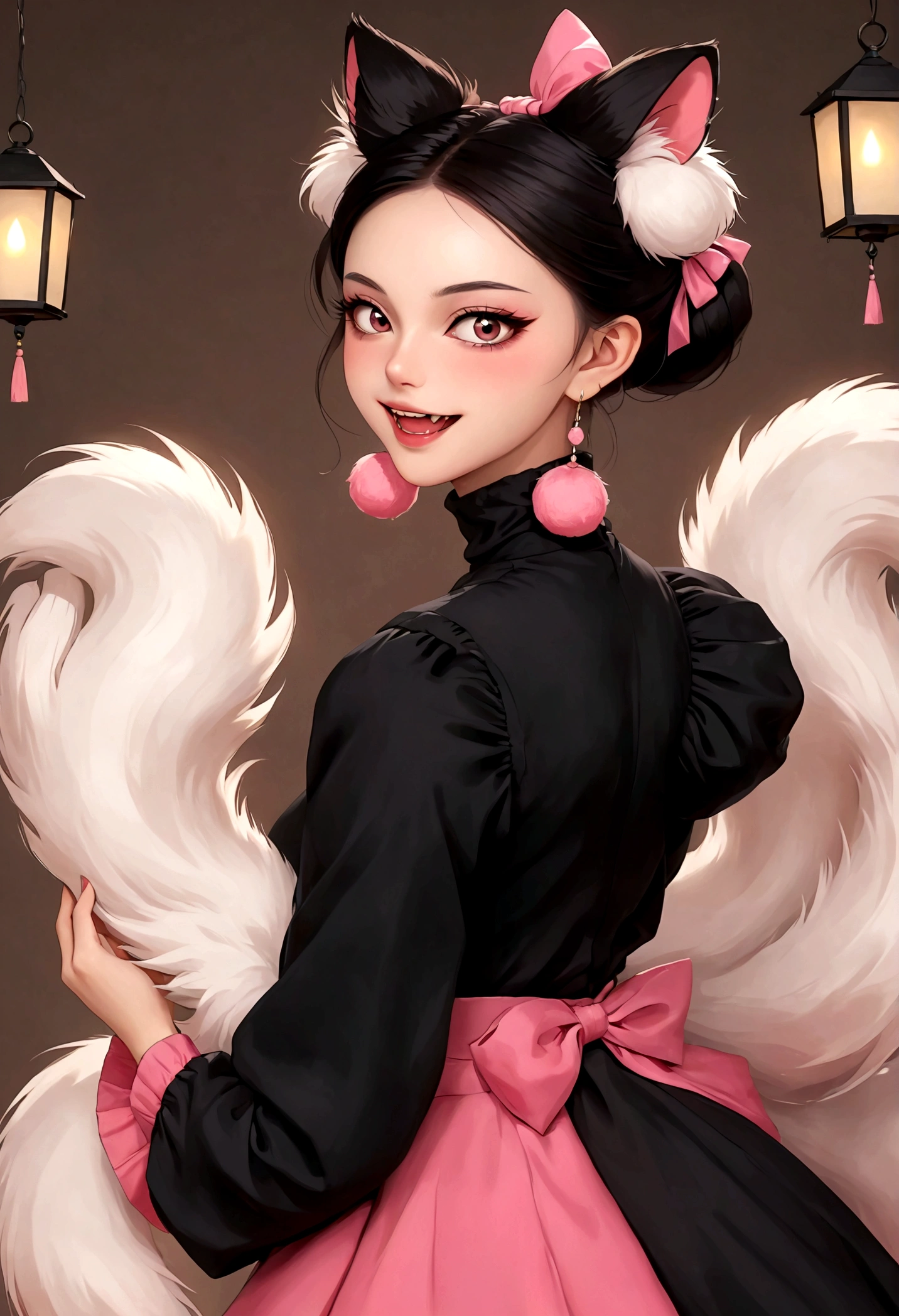 Beautiful face，Enchanting beautiful eyes，Pink Eyeshadow，laughing out loud，Fangs，(((Big fluffy tail：1.37)))，Black fluffy high bun，Forehead hair，Pink pompom earrings，Turtleneck pink maid outfit，Multi-layer lace，Reach out，Spells，