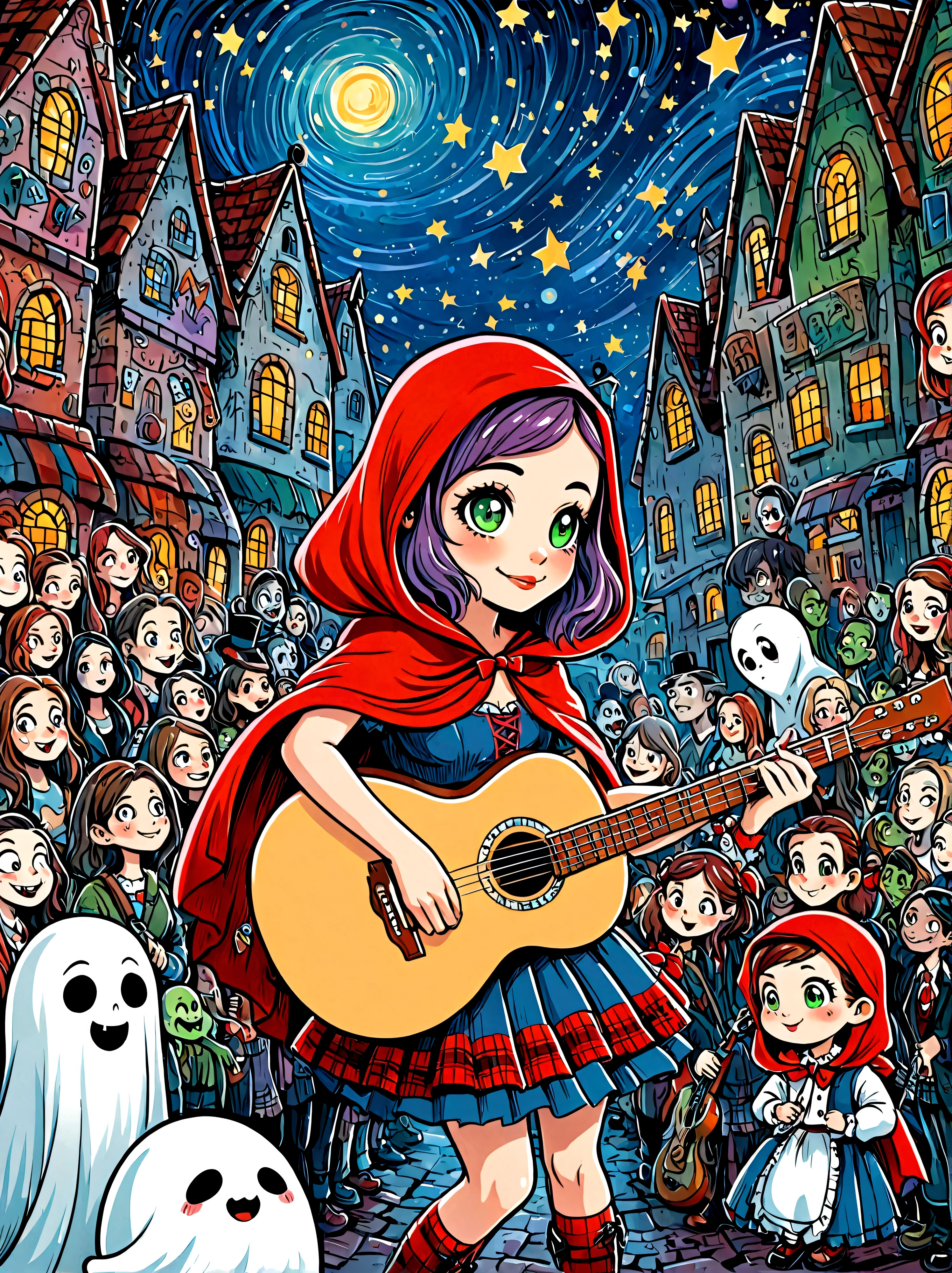 (masterpiece，Best quality:1.2，lifelike:1.4)，Cartoon Characters，Vector illustration，Cartoon hand drawn, 1girl, solo, Cute young charming little red riding hood girl，Strong zombie makeup, Playing an old guitar，the guitar player，(Ghost Crowd)，Ghost Viewer，(Concert scene:1.5)，Starry nights，Gloomy and foggy atmosphere，The cute absurdity，The attraction and rejection of extraordinary appearance，Magical naive art，Bright blue and green, 1kexx1
