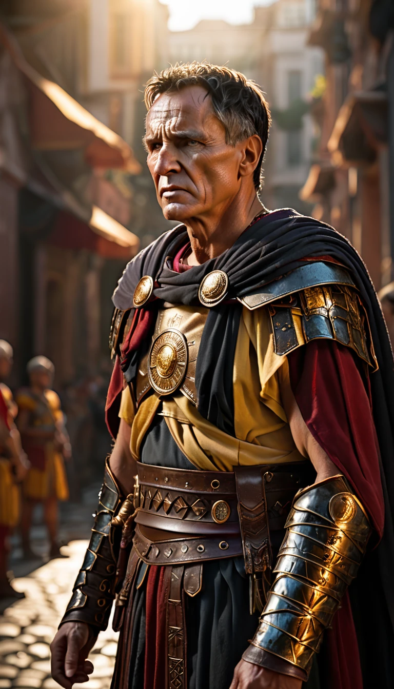 As the sun began to set, The warm golden color of the sun shone on his clothes, Produce an image depicting the moment when Julius Caesar uttered his last words, 'Et tu, Brute, background dark, hyper realistic, ultra detailed hyper realistic, photorealistic, Studio Lighting, reflections, dynamic pose, Cinematic, Color Grading, Photography, Shot on 50mm lens, Ultra-Wide Angle, Depth of Field, hyper-detailed, beautifully color, 8k, golden light from the front,