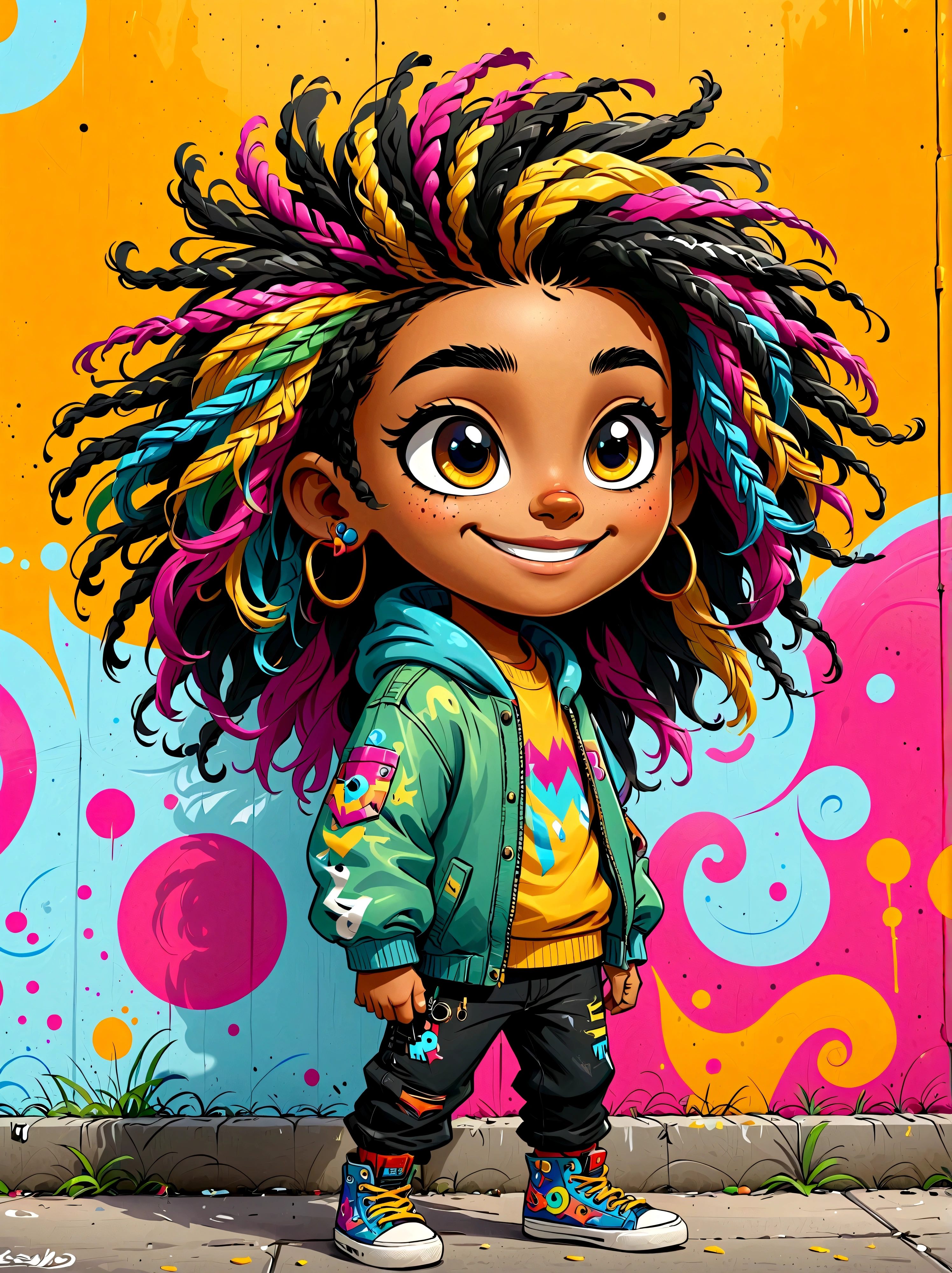 Graffiti style，Cartoon Characters，Vector illustration，1 little boy，side，Large and expressive eyes，Friendly Smile，Gorgeous clothes，Colorful hair，Dreadlocks，Unique and wild hairstyle，站在Graffiti style的背景前，Add whimsy to the scene