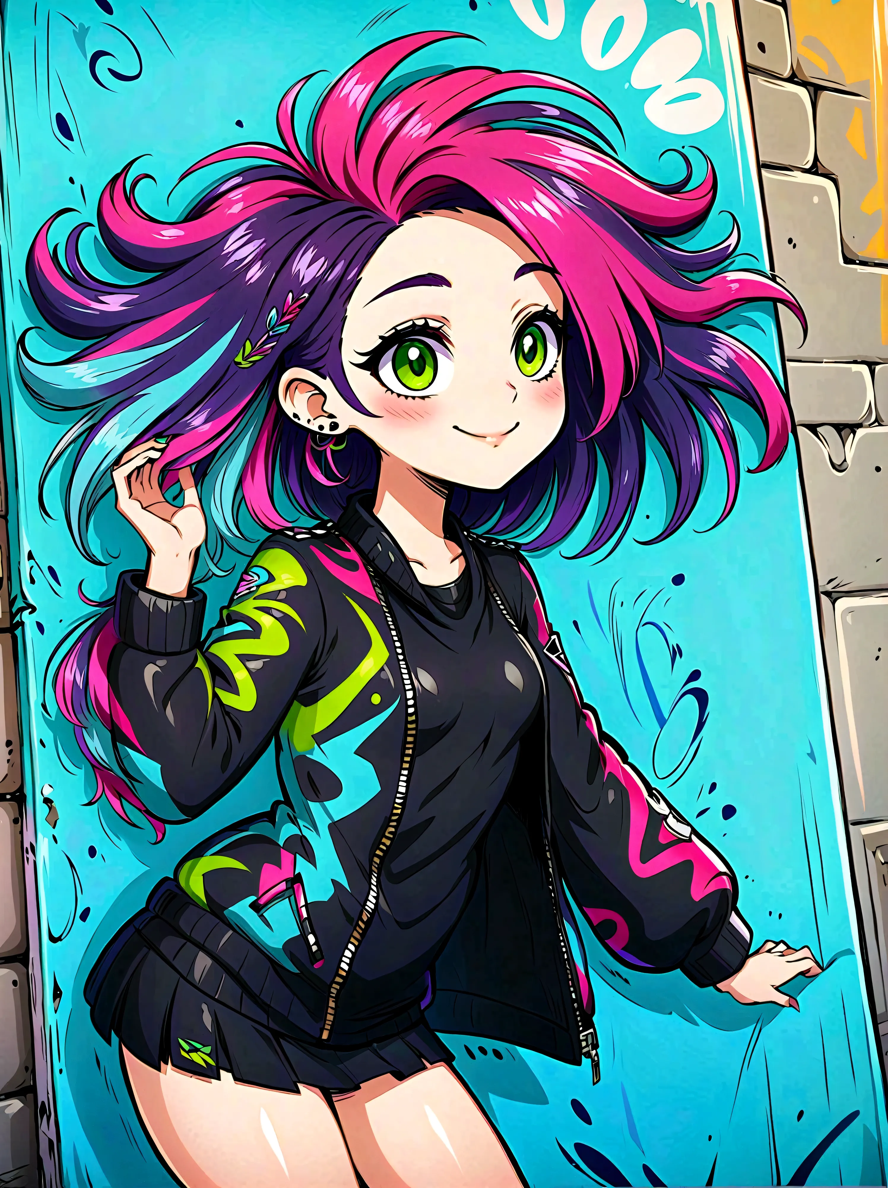 Graffiti style，Cartoon Characters，Vector illustration，side，Large and expressive eyes，Friendly Smile，Gorgeous clothes，Colorful ha...