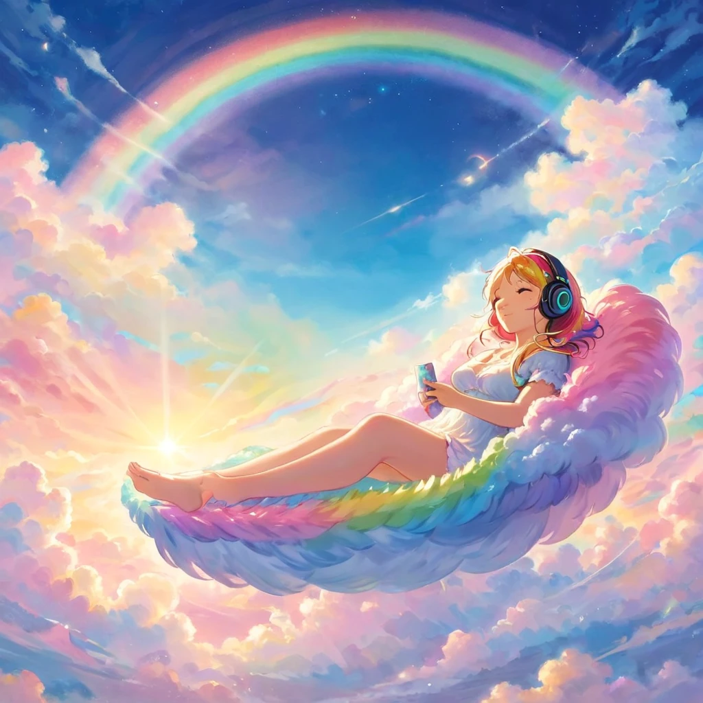 Une femme incroyablement éthérée, porter des écouteurs, composé d&#39;une gamme éblouissante de teintes arc-en-ciel, s&#39;incline gracieusement au bout d&#39;un arc-en-ciel radieux au milieu des nuages duveteux du ciel. Baigné d’un éclairage dynamique et enchanteur, accentue son dynamisme, forme corsée. art fantastique. chef-d&#39;œuvre 