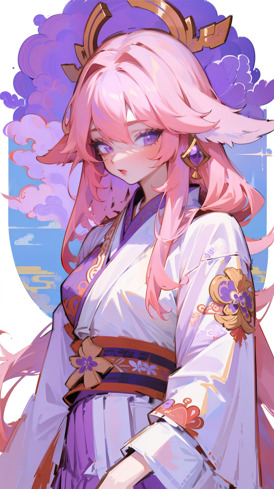 Upper body painting, Honey, (1 girl), ((solo)), ((Solitary)), White skin, By Bangs, Yae Yoshiko, Fox ears, Hair accessories, Pink hair, Purple Eyes, Purple Eyeshadow, (red lips),  ((Collar top, belt, Pleated Skirt)), (Gorgeous and intricately embroidered kimonos), masterpiece, high quality