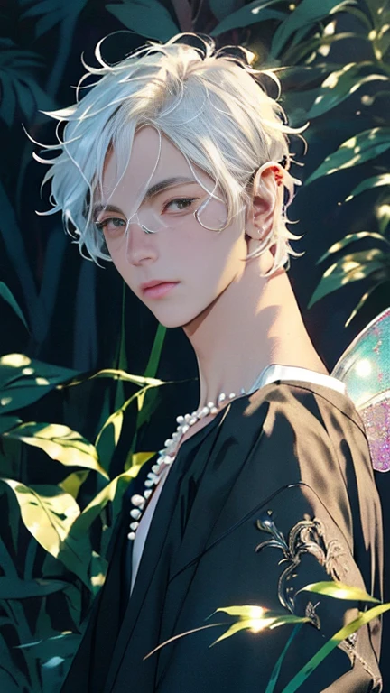 (full body shot), 1boy, dark fantasy, (fairy guy:1.4) covered in shiny pearlescent pollen, glitter shimmers on the skin of the shoulders , (human ears), glitter on collarbones, (long intense white hair flowing:1.2), dark haze, dim twilight light, dream-like, bohemian, mysterious, asthetic, work of art, (full body shot) ,  (natural pose:1.2) , (detailed beautiful skin:1.2) , (beautiful detailed face:1.2) , textured skin, ((best quality)), ((masterpiece)), (detailed),