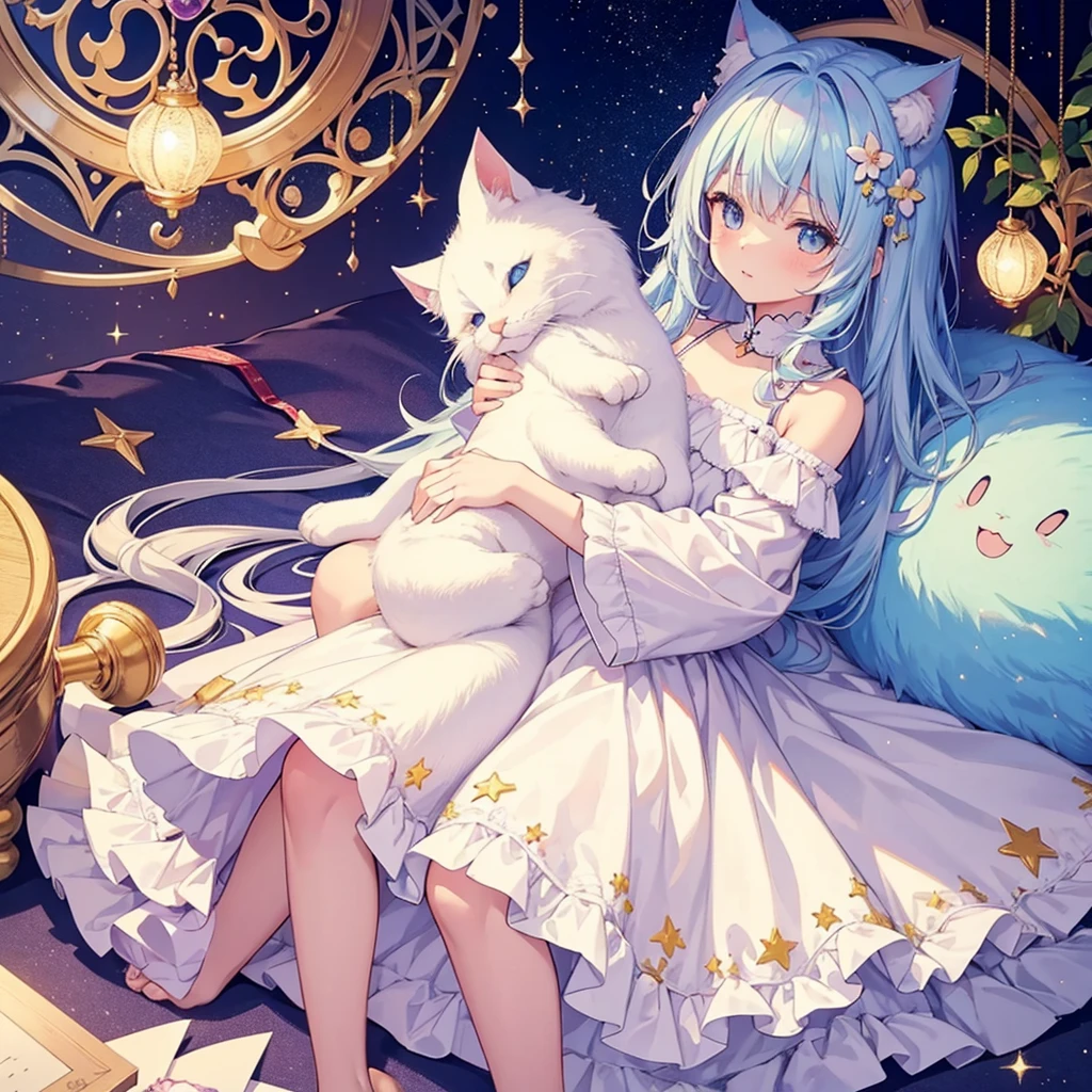 Dream fantasy story, highest quality, Super quality, masterpiece, Girl with cat, A small cute girl sleeps on the stomach of a huge fluffy cute cat, Pastel colored glitter for a gentle effect