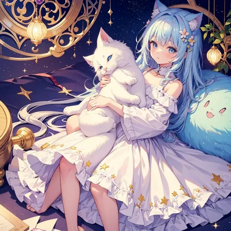 Dream fantasy story, highest quality, Super quality, masterpiece, Girl with cat, A small cute girl sleeps on the stomach of a hu...