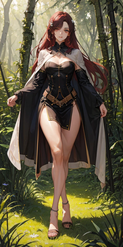 a youthful teenage girl with crimson red hair, pink-brown eyes, eyeliner, dark eyeshadow, beautiful delicate face, pale smooth skin, walking in a forest with trees and grass under a cloudy sky, wearing a white blouse with a capelet, a tight mini skirt and a waist belt pouch, with a slim, lithe, slender figure, round hips, thin waist, long legs, round breasts, a small serene smile, open expressive eyes, extremely detailed face and eyes, cinematic lighting, color oil painting, realistic proportions and good anatomy, solo portrait