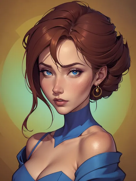 um close de uma mulher com um vestido azul e longos cabelos ruivos, arte de personagem impressionante, linda pintura de personag...