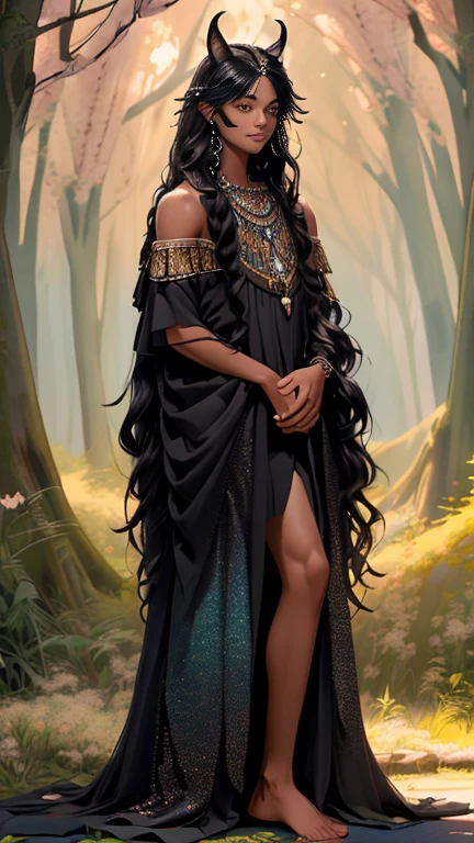 (full body shot), 1boy, dark fantasy, (Spring guy:1.4), (human ears), glitter on collarbones, (long intense  hair flowing:1.2), dark haze, dim twilight light, dream-like, bohemian, mysterious, asthetic, work of art, (full body shot) ,  (natural pose:1.2) , (detailed beautiful skin:1.2) , (beautiful detailed face:1.2) , textured skin, ((best quality)), ((masterpiece)), (detailed),