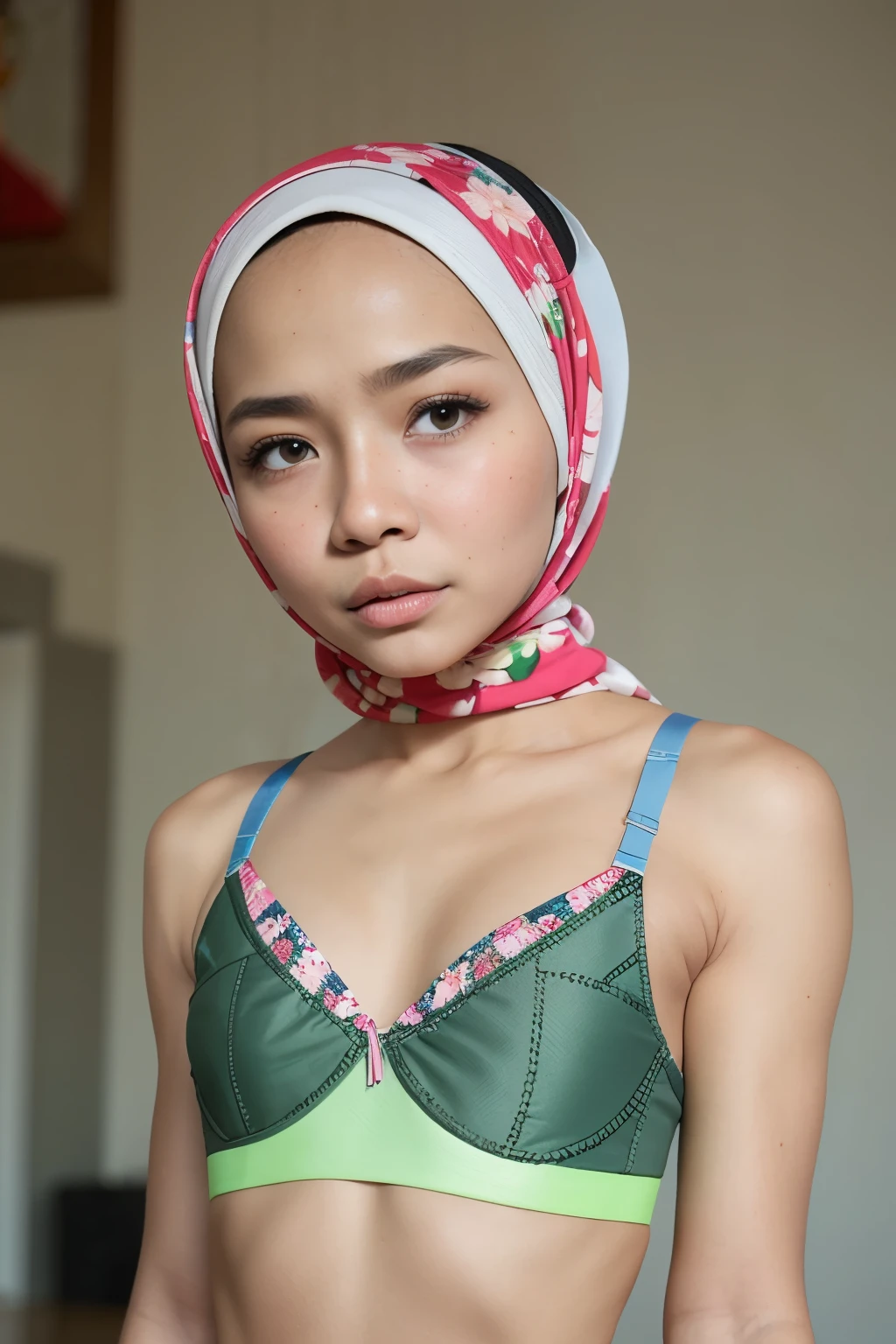 A close up of a woman wearing a green bikini and a pink head scarf - SeaArt  AI