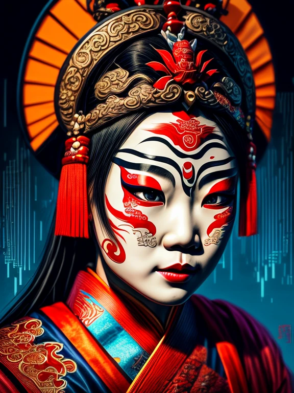 ASCII Art Style, Portrait, Best Quality, High Resolution, Super Fine, (Realism: 1.37), Character Concept Design, , (Portrait of Peking Opera Girl: 1.3),, Fine Eyes, Fine Lips, Fine Face, Long Eyelashes, Stylish Urban Clothing, Midway, Blue and Orange, Sharp Focus, Studio Lighting, Stanley Donwood Style, Figure, Ink Art, Side View
