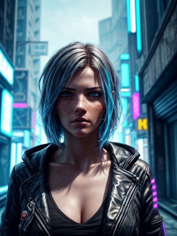 Araffed woman with freckles and blue eyes, standing in front of the wall, cinematic realistic portrait, 8K portrait rendering, realistic face, moody lighting, cyberpunk art ultra realistic 8k, hyper-realistic cyberpunk style, soft portrait shot 8k, 8k realistic digital art, cyberpunk style ， Hyperrealistic, realistic digital art 4k, realistic digital art 4k