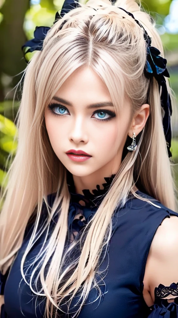 (((masterpiece, top quality, ultra detailed))), (((1 Infinity Magician Girl))), 14 years old, (((Very detailed face))), small and thin nose, small mouth with thin lips, (((very focused eyes))), Very large slit precision  blue eyes, shining like jewels. very long eyelashes, Long blonde hair in blonde vertical curls, with fringes, ((, gothic lolita fashion))