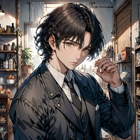 ((neocruz)) el mayordomo es un anciano de pelo negro, ojos cafes. ，he is wearing a large black trench coat with a black pattern....