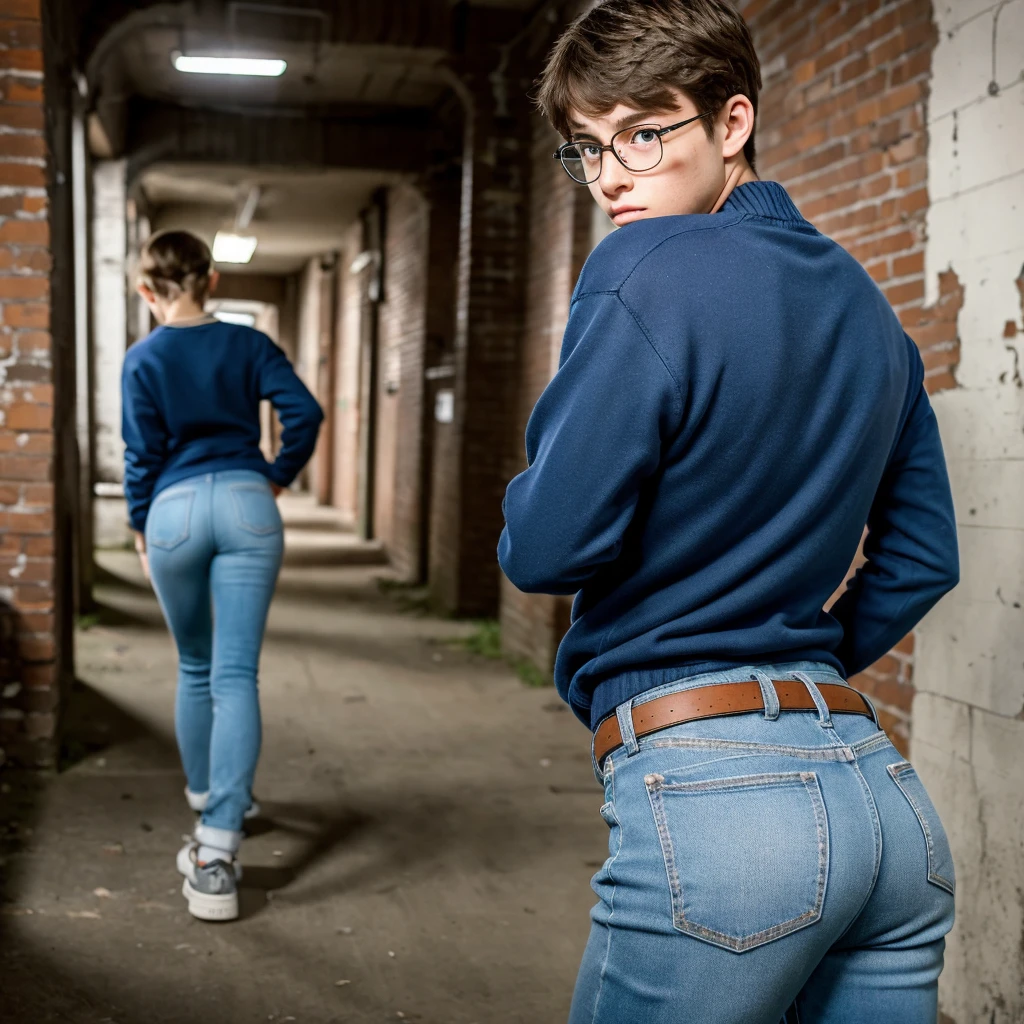 A young teen nerd boy in baggy light blue jeans pants from behind - SeaArt  AI