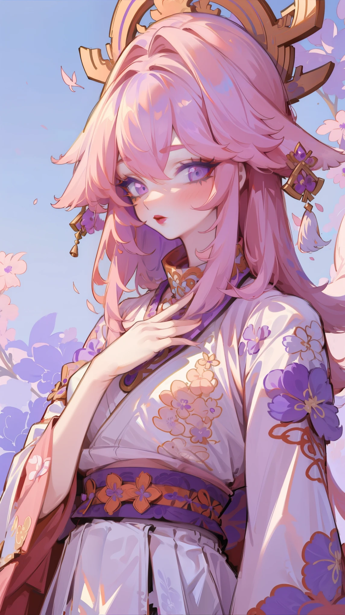 Upper body painting, Honey, (1 girl), ((solo)), ((Solitary)), White skin, By Bangs, Yae Yoshiko, (Fox ears), Hair accessories, Pink hair, Purple Eyes, Purple Eyeshadow, (red lips),  ((Collar top, belt, Pleated Skirt)), (Gorgeous and intricately embroidered kimonos), masterpiece, high quality