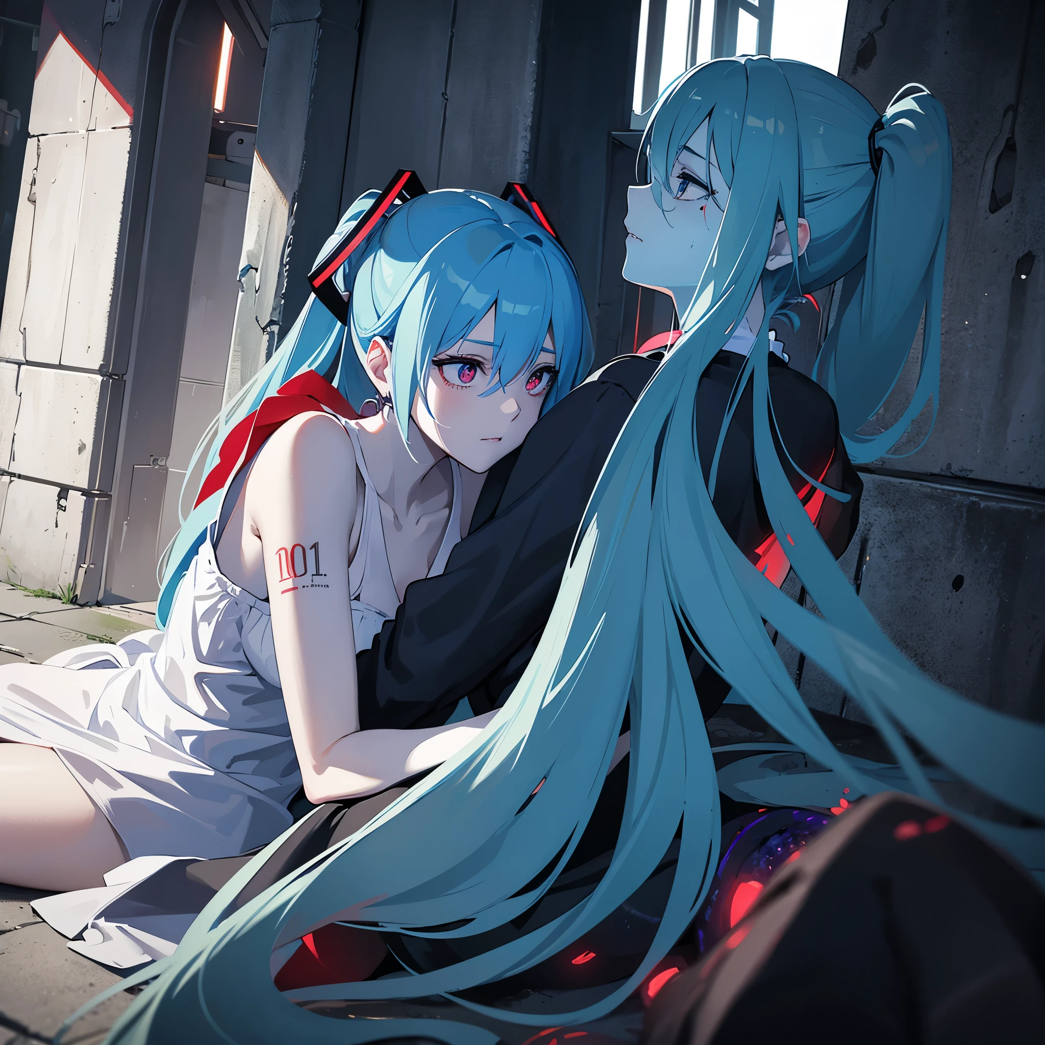 profile、Blue Face、arm hug、Embrace yourself、Bloodしぶき、Blue Face、Blue Skin、Hatsune Miku、zombie、Red eyes、Blue Face、Blue Skin、Bloodを流した、Gray Hair，sad，（Blue place：1.1），blue eyes、Hatsune Miku、ruins、cadaver, an  ominous, woman, thin, pale, Looking into the camera, Ultra-realistic, Fully detailed, Cemetery environment, Bright Eyes, white dress torn and stained with Blood, The bone is exposed, putrid scratch, Sensual, That&#39;s horrible, 身体にscratchを負った, exposed fracture of the clavicle, smile, Very detailed, Black Short Hair, scratch, Blood,