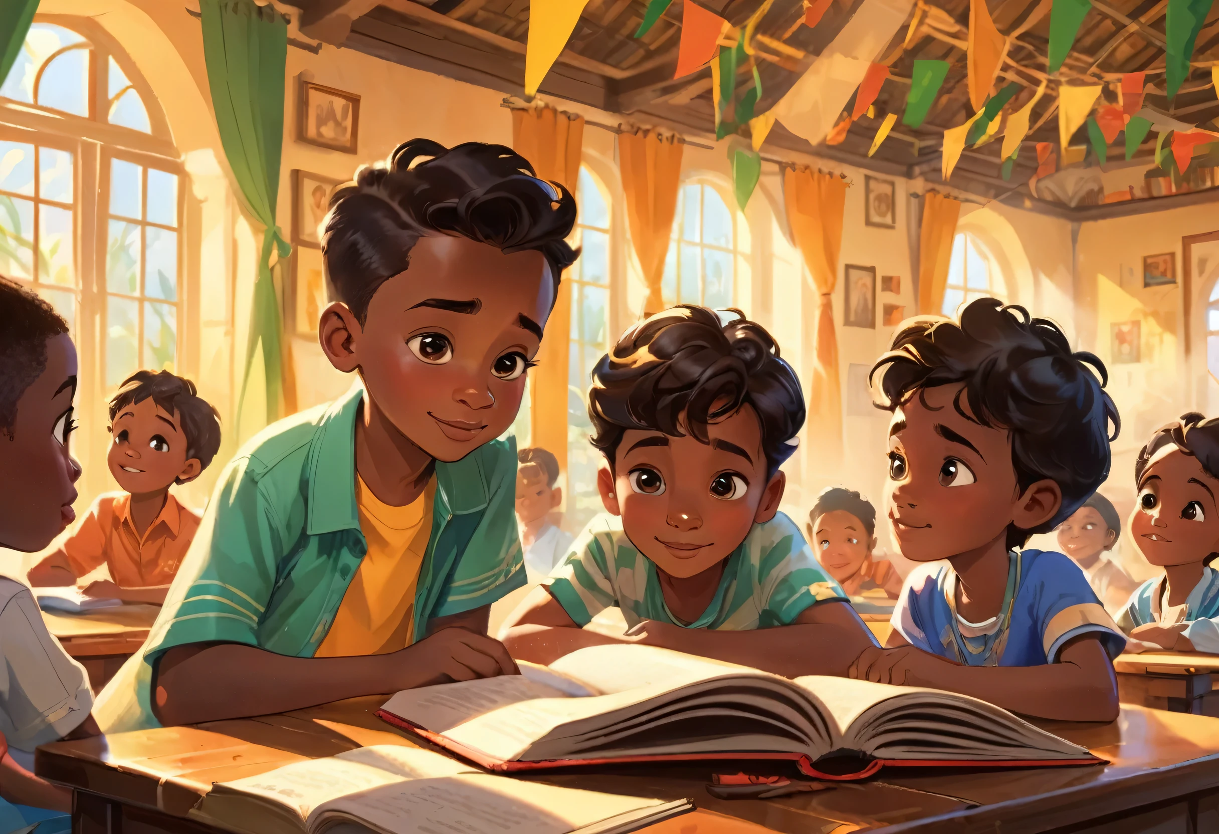 A  and three boy of six years old in  (African) reading a book in a beautiful classroom (masterpiece best quality:1.2) delicate illustration ultra-detailed,  (disney-related event) indoor, (classroom),  detailed background, illustrations, bright, colourful, 