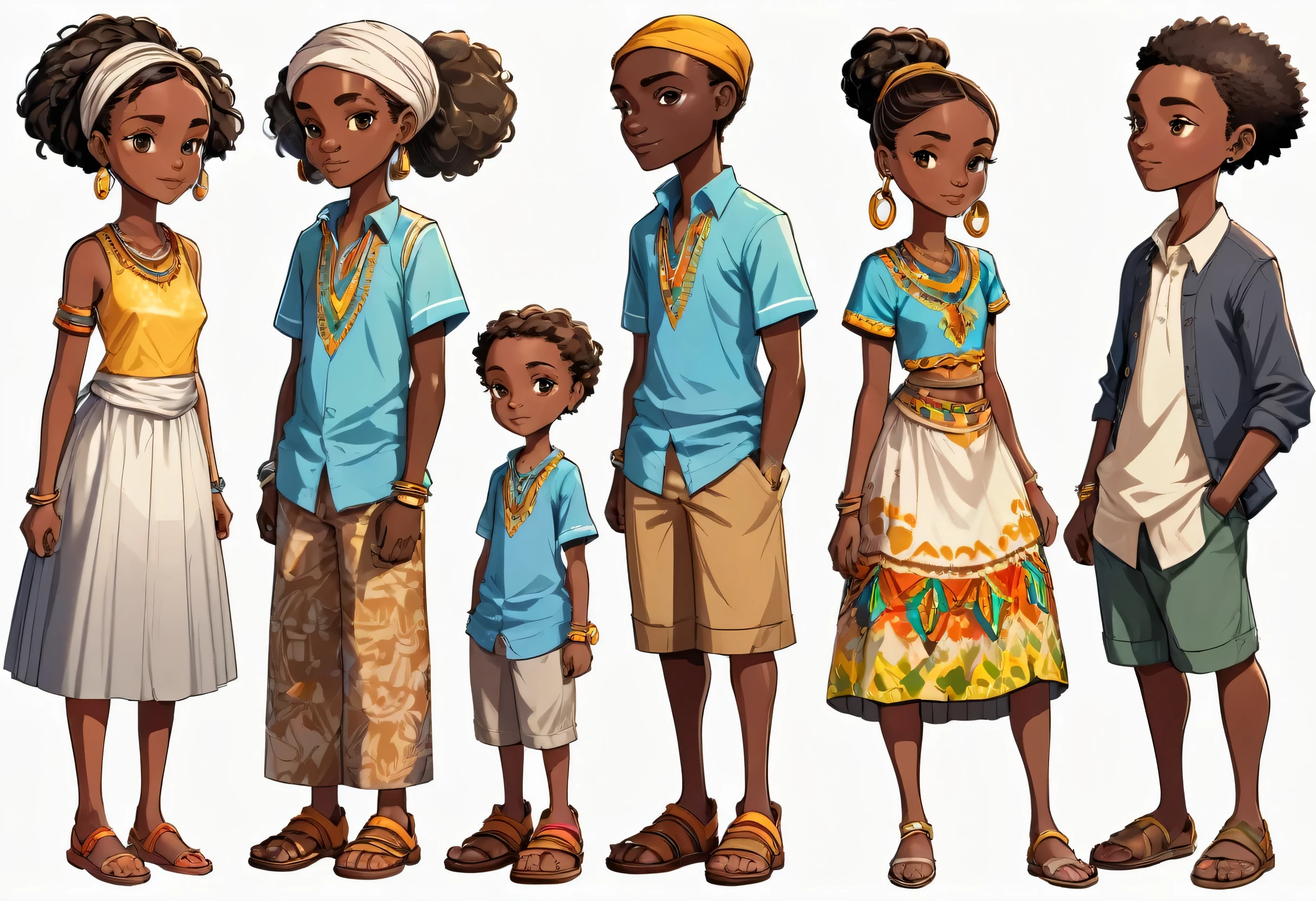 Character sprites for 2D animation rigging, male and female adult, a boy and a girl of ten years old (Africans)(masterpiece best quality:1.2) delicate illustration ultra-detailed, no background, (png format) illustrations, bright, colourful