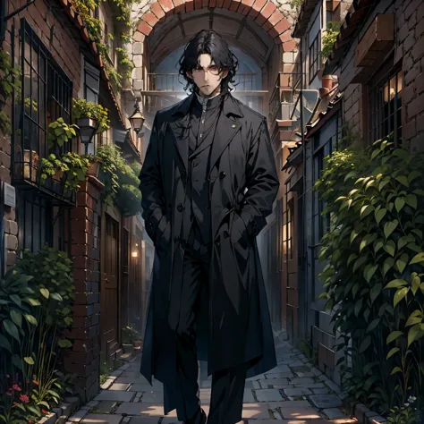 ((neocruz)) el mayordomo es un anciano de pelo negro y barba, ojos cafes. ，he is wearing a large black trench coat with a black ...