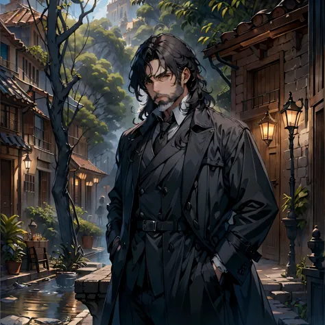 ((neocruz)) el mayordomo es un anciano de pelo negro y barba, ojos cafes. ，he is wearing a large black trench coat with a black ...