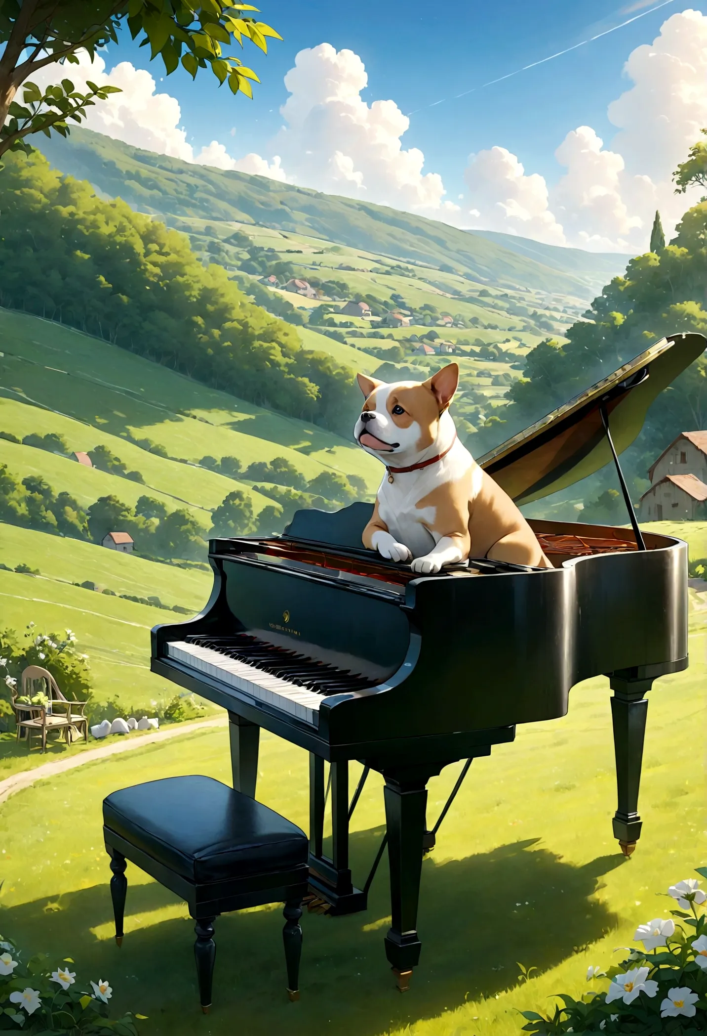 in the style of studio ghibli、create an image of a dog sitting on a chair playing a grand piano in a beautiful countryside setti...