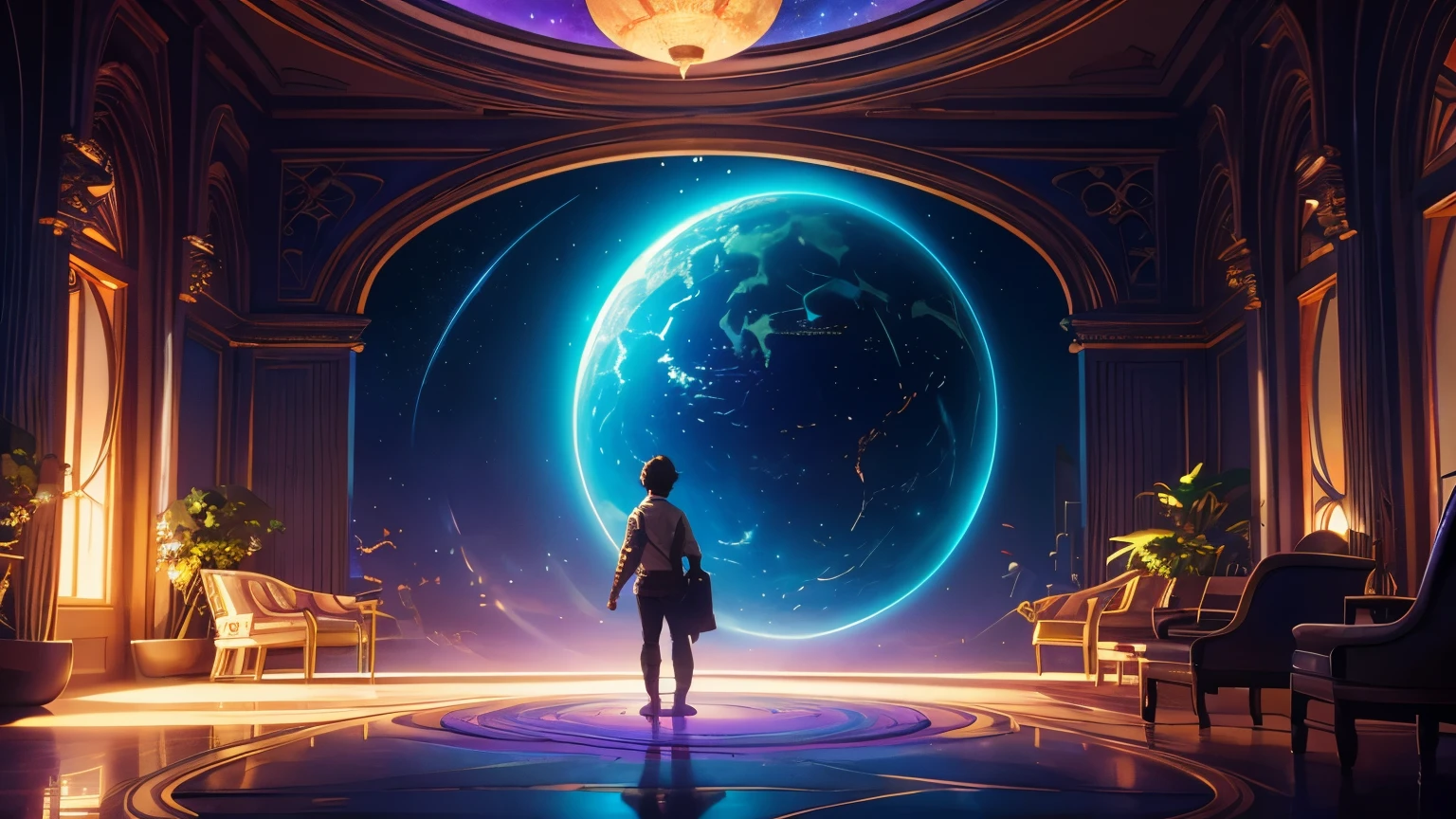  Room filled with an expansive universe and whimsical stars, cute elements infused with the signature styles of Greg Rutkowski, Loish, Rhads, Beeple, Makoto Shinkai, Lois van Baarle, Ilya Kuvshinov, RossDraws, Tom Bagshaw, Alphonse Mucha, global illumination casting dynamic shadows, intricate details, surreal masterpiece, Unreal Engine amazement, vivid