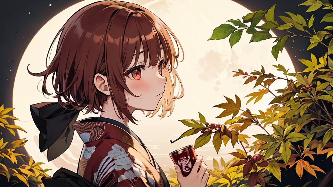 【highest quality, Tabletop】 [girl, kimono, Red eyes, profile, Wavy short hair, Brown Hair, Upper Body] (moon, Greenish leaves),  Japan drinks alcohol, Sweat, Long eyelashes, alone, firework