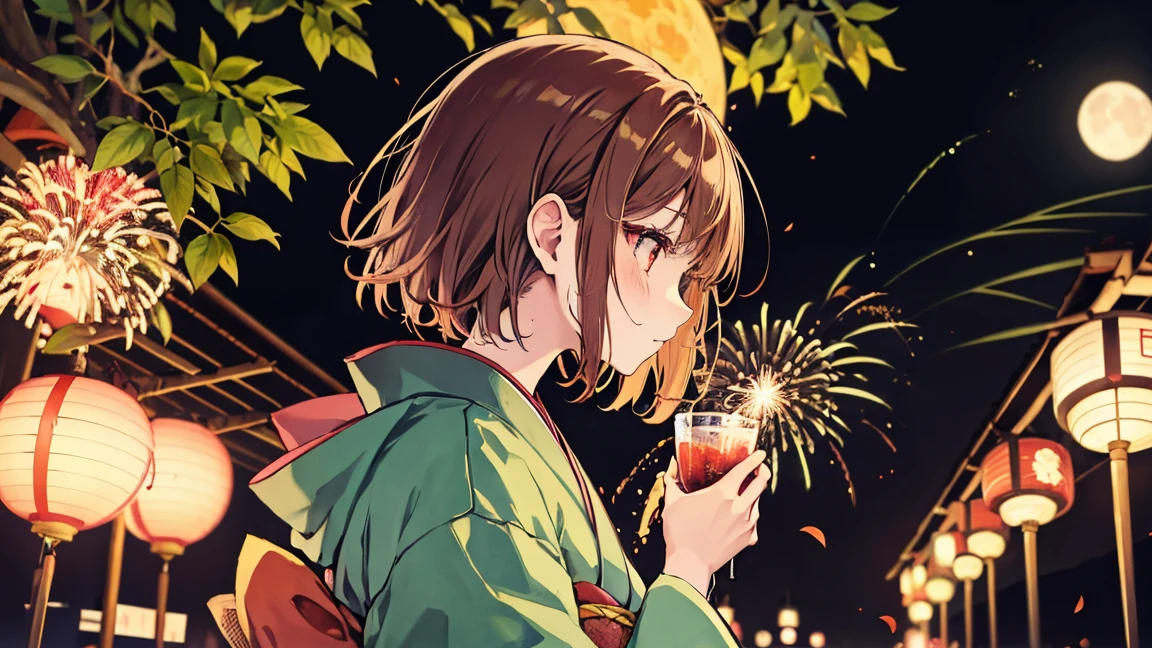 【highest quality, Tabletop】 [girl, kimono, Red eyes, profile, Wavy short hair, Brown Hair, Upper Body] (moon, Greenish leaves), Japan drinks alcohol, Sweat, Long eyelashes, alone, firework