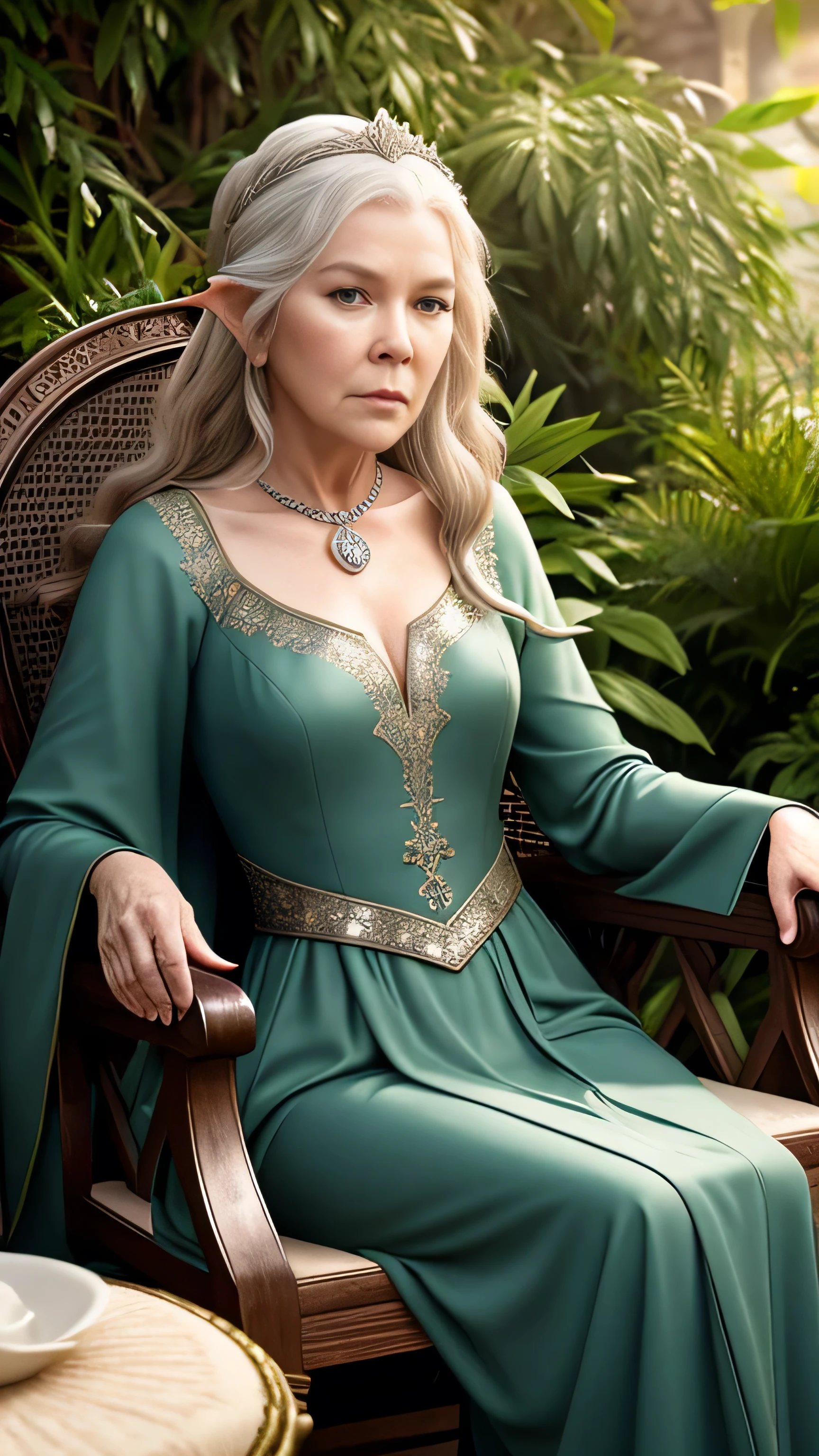 (Diana Rigg) as Olenna Tyrell, rich mature lady, long green royal dress, diadem, sitting, on the luxury chair, near luxury round table, in the garden, Game of Thrones, (1woman), (solo), (full body view), beautiful detailed glow, detailed, cinematic light, intricate detail, realistic, highres, detailed facial features, high detail, sharp focus, smooth, aesthetic, extremely detailed, stamp, octane render