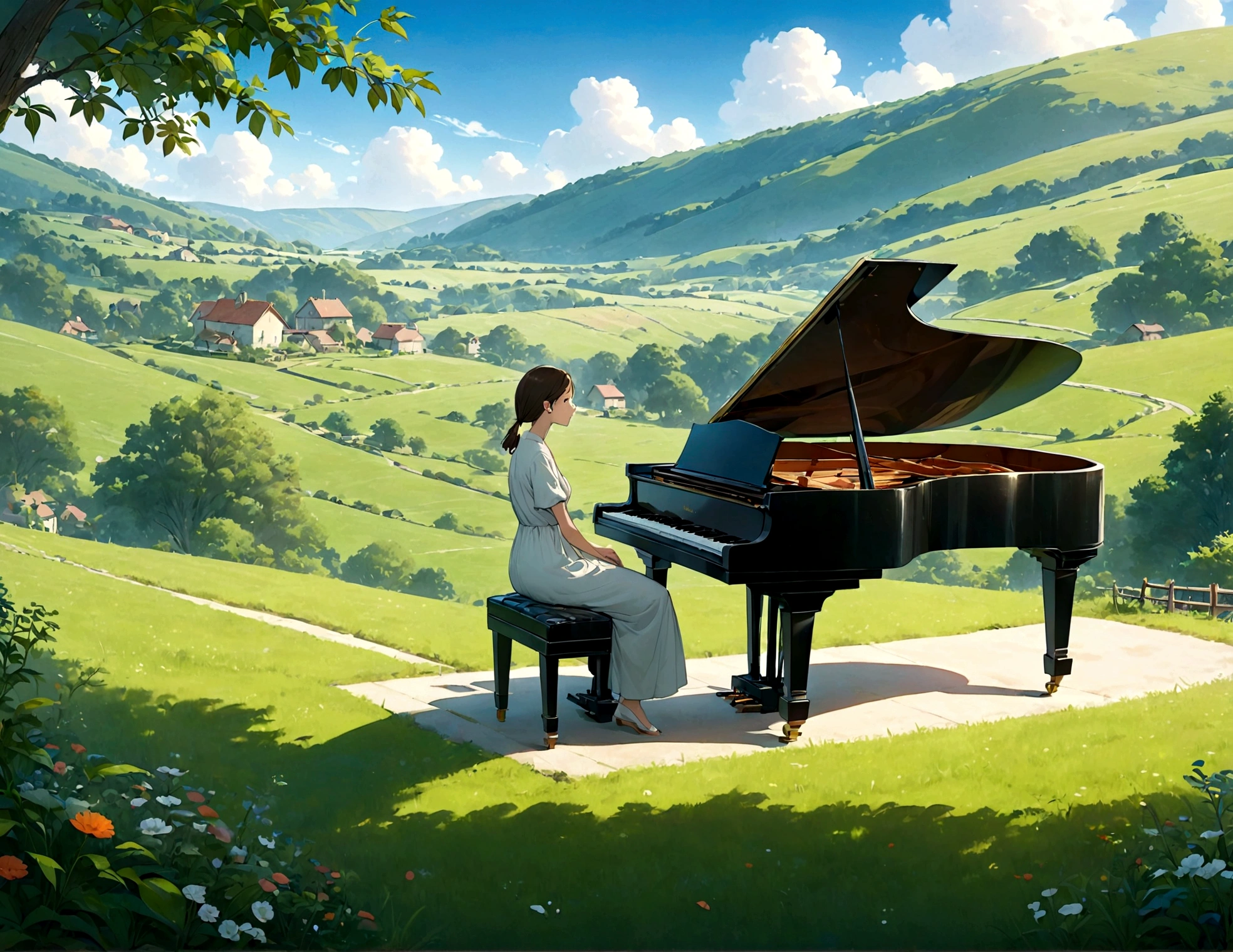 In the style of Studio Ghibli、A woman playing a grand piano in a rural setting、 A human baby relaxes by listening to the sound of a piano, Enjoy a peaceful environment. The scene has、It must contain rolling hills and other picturesque rural elements。, Clear blue sky, Lush greenery. The overall atmosphere should be whimsical and calm., Captivating the essence of happiness and serenity, Idyllic countryside.