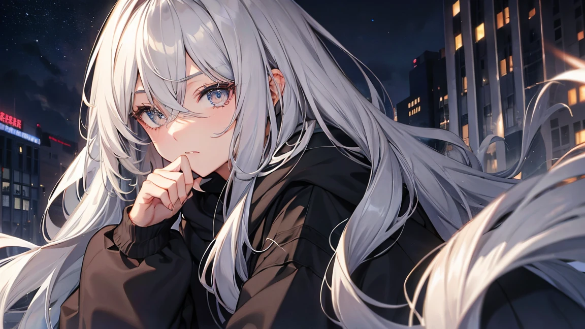 Silver Hair、Semi-long hair,{{{{{{{{ Oversized black hoodie }}}}}}}},Beautiful and delicate golden eyes,thought,Black clothes,