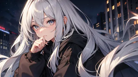 Silver Hair、Semi-long hair,{{{{{{{{ Oversized black hoodie }}}}}}}},Beautiful and delicate golden eyes,thought,Black clothes,