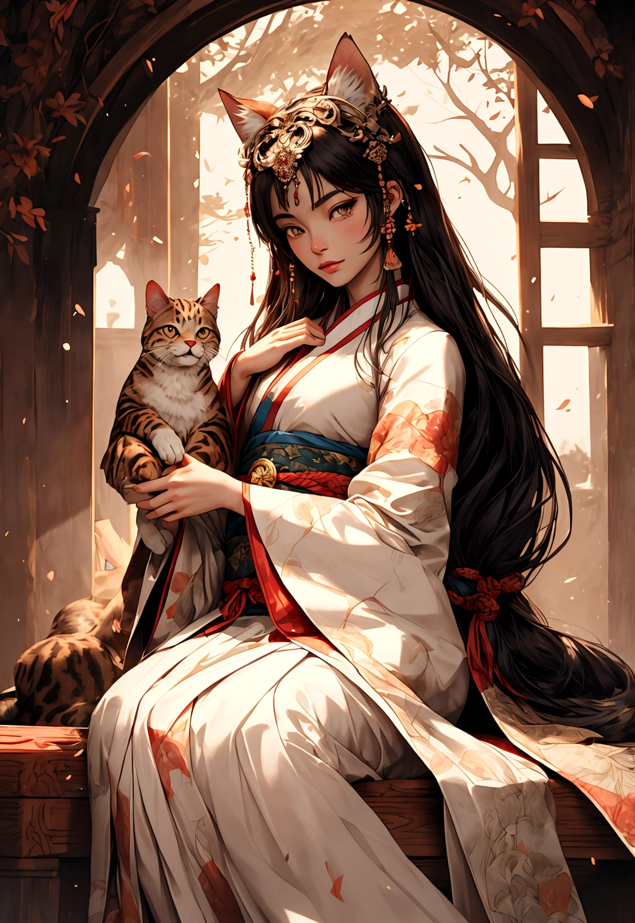 ((obra maestra)), (mejor calidad), (cinematográfico),(Dibujo muy preciso en cada detalle.)(representación extremadamente precisa)medio_cuerpo_Retrato,ancient asia vibe, un impresionante gato oriental con hanfu(with all cat specific cuerpoparts) vestida con un hermoso vestido hanfu con patrones geométricos sagrados y cabello más un tocado hanfu.ojos grandes,  líneas de alta calidad,