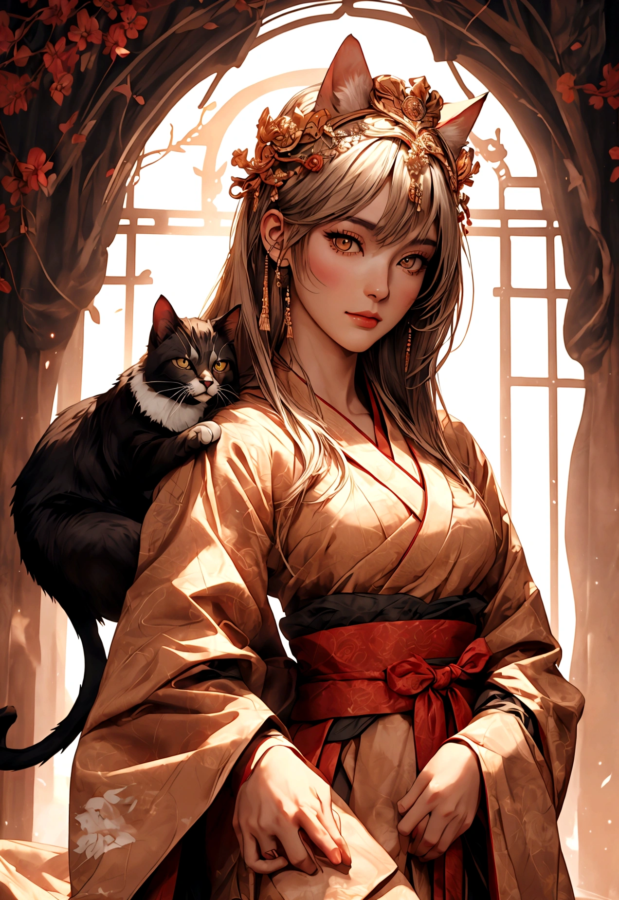 ((obra maestra)), (mejor calidad), (cinematográfico),(Dibujo muy preciso en cada detalle.)(representación extremadamente precisa)medio_cuerpo_Retrato,ancient asia vibe, un impresionante gato oriental con hanfu(with all cat specific cuerpoparts) vestida con un hermoso vestido hanfu con patrones geométricos sagrados y cabello más un tocado hanfu.ojos grandes,  líneas de alta calidad,