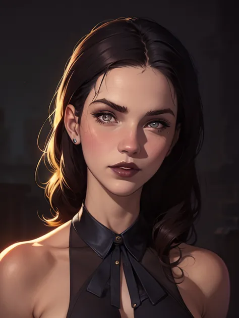 A closeup of a woman in a black top and a black bra, estilo de arte de charlie bowater, Estilo Charlie Bowater, retrato de vampi...