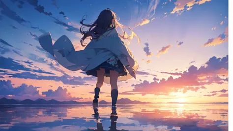 ((Uyuni salt lake、四方八方に広がる青い空とsummerの雲を反映しています. A girl walks in the middle of it, Surrounded by the blue of the sky and the whit...