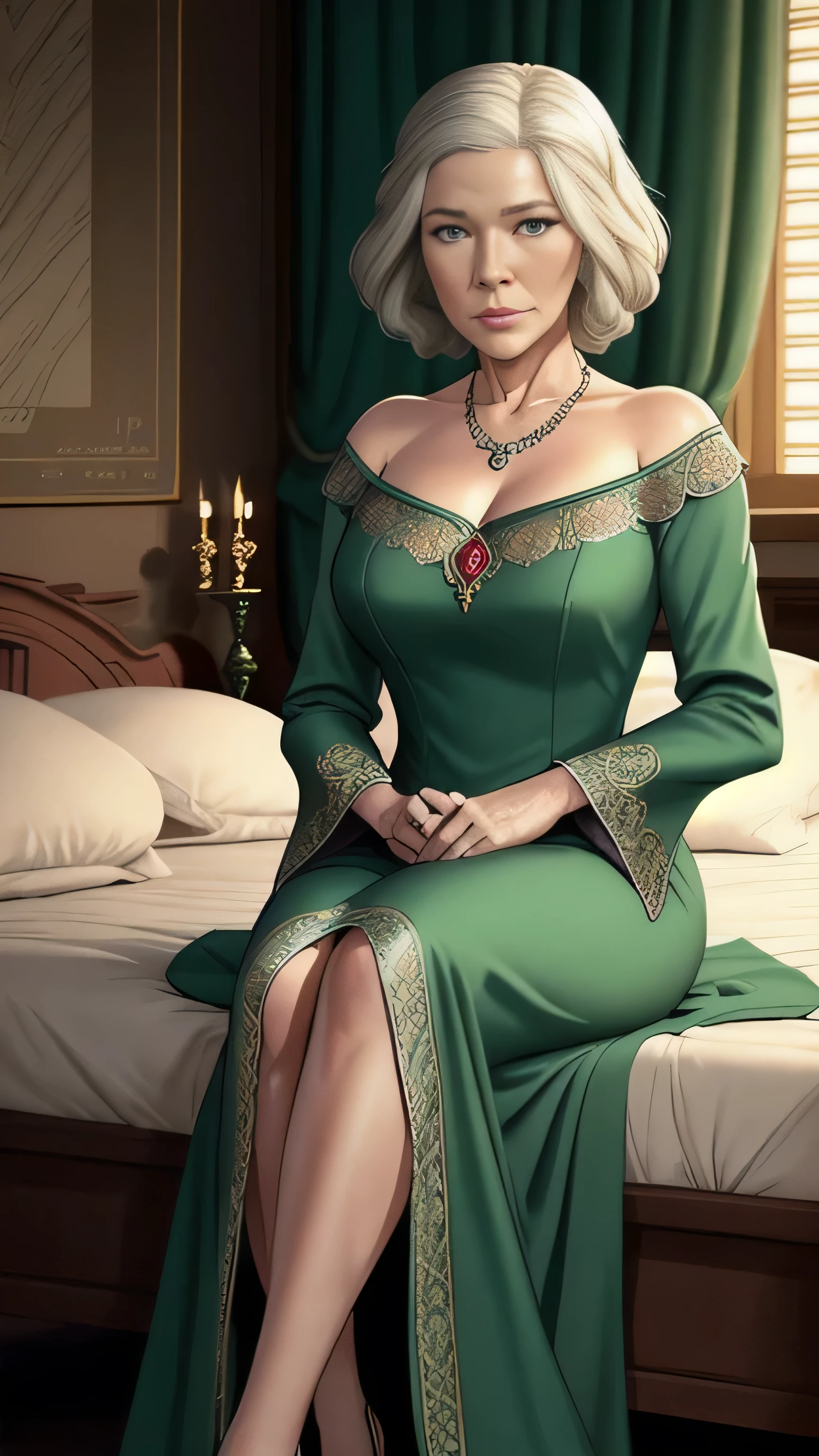 (Diana Rigg) as Olenna Tyrell, rich mature lady, long green royal dress, diadem, sitting, on the luxury chair, near luxury round table, in the garden, Game of Thrones, (1woman), (solo), (full body view), beautiful detailed glow, detailed, cinematic light, intricate detail, realistic, highres, detailed facial features, high detail, sharp focus, smooth, aesthetic, extremely detailed, stamp, octane render