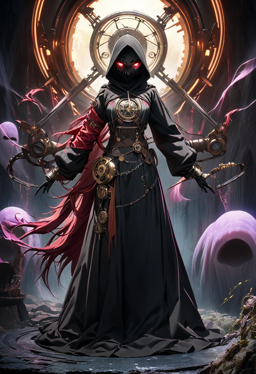 A stunning, high-resolution CG Unity 16k wallpaper featuring the Ghost of the Black Hood, with extreme detail and a vibrant, steampunk aesthetic. The figure is a full-body posing illustration, showcasing a demonic vibe with glowing eyes and a clockwork ensemble. The character is rendered in a vibrant anime style, with conceptual art elements that evoke a cinematic experience. The overall atmosphere of the image is captivating and immersive, drawing the viewer into the dark and mysterious world of the Ghost of the Black Hood., cinematic, illustration, vibrant, conceptual art, anime