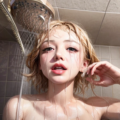 commercial Photo, face closeup, BananaFace, Banana in face, Banana awe, (White LiquidSoap dropped face and hair), facial, ahegao, Shampoo, Bubbles, ((Extremely detailed beautiful blush face and eyes)), Radiant FineSkin . BREAK Marilyn Monroe, (ShowerWater from ceiling:1.6), (Shower-Head:-1.2), wet hair, wet face, wet body, splash waters, well-proportioned